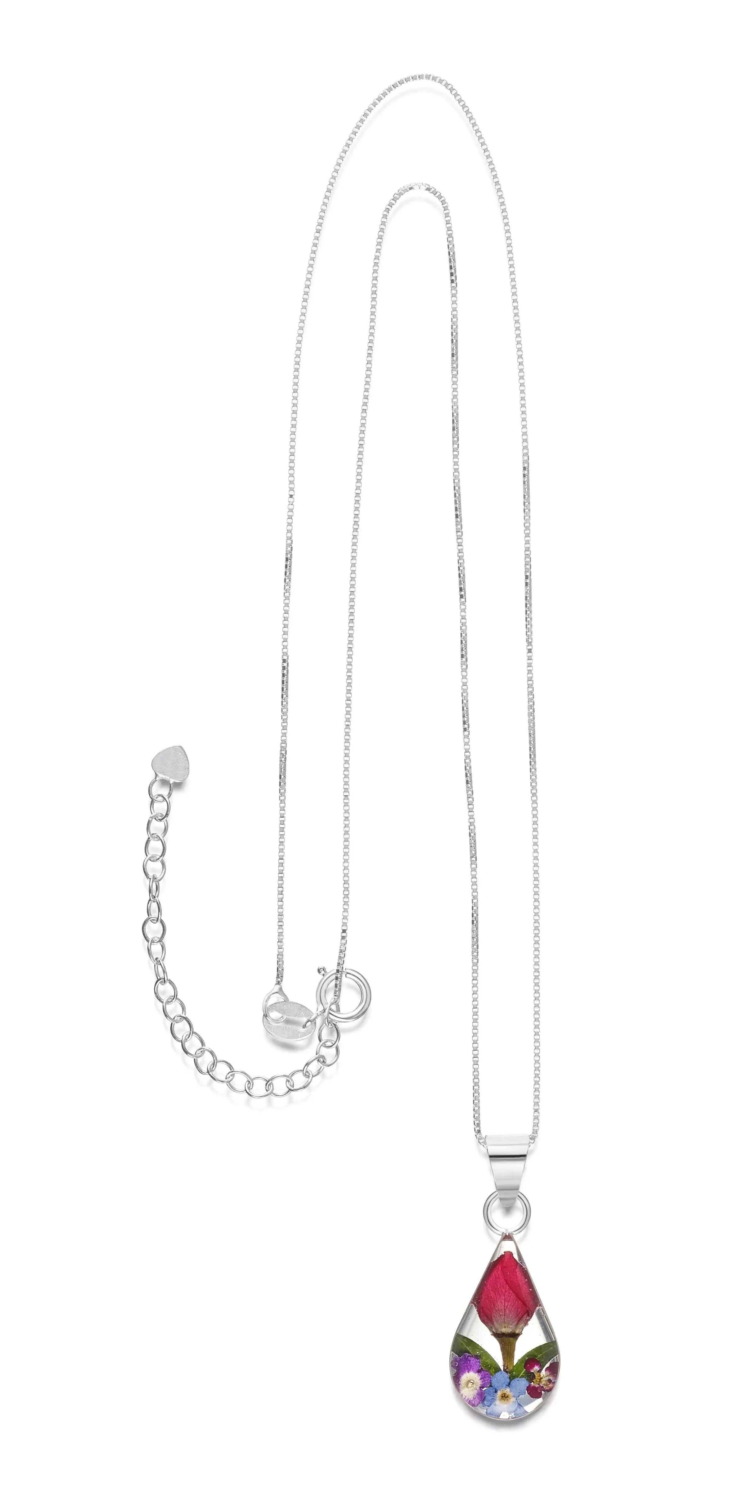 Sterling Silver Teardrop Necklace with Real Flowers - Shrieking Violet®