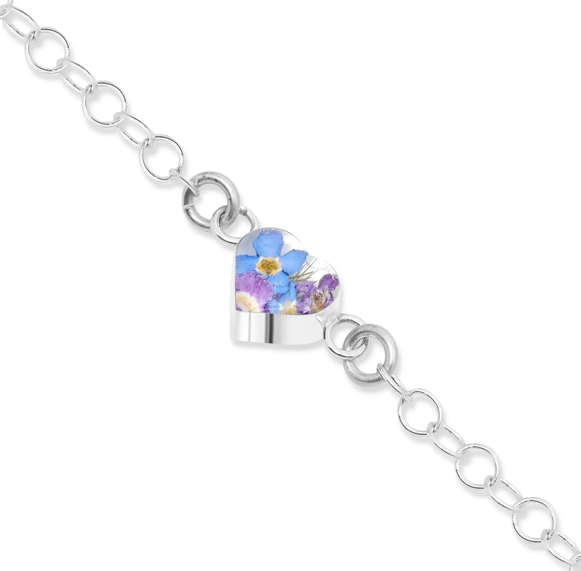 Bracelet chaîne à maillons ronds Purple Haze Heart avec de vraies fleurs en argent sterling | Violette hurlante®