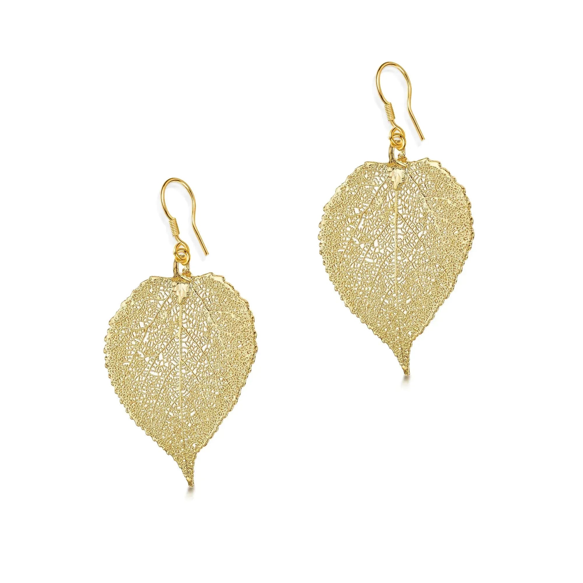 Boucles d'oreilles en feuille de tremble véritable plaquées or - Bijoux naturels faits main