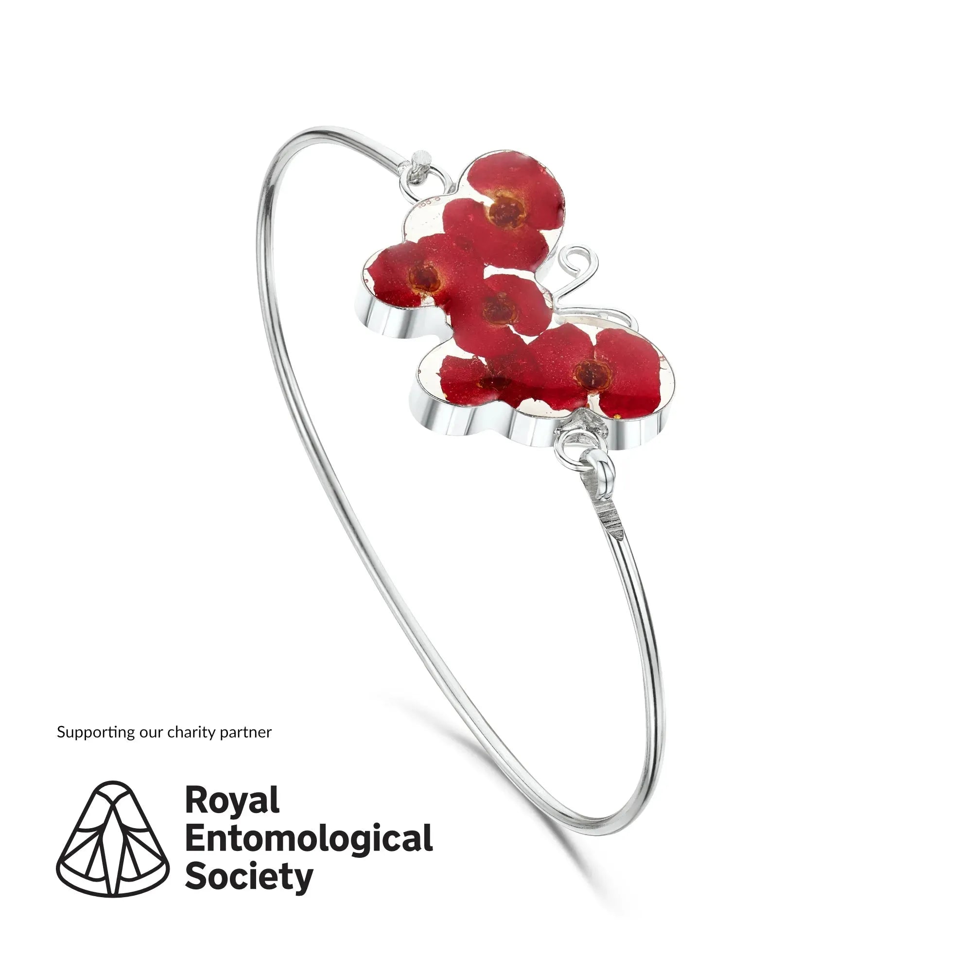 Bracelet papillon coquelicot avec de vraies fleurs par Shrieking Violet® Bracelet papillon en argent sterling. Comprend une boîte cadeau.