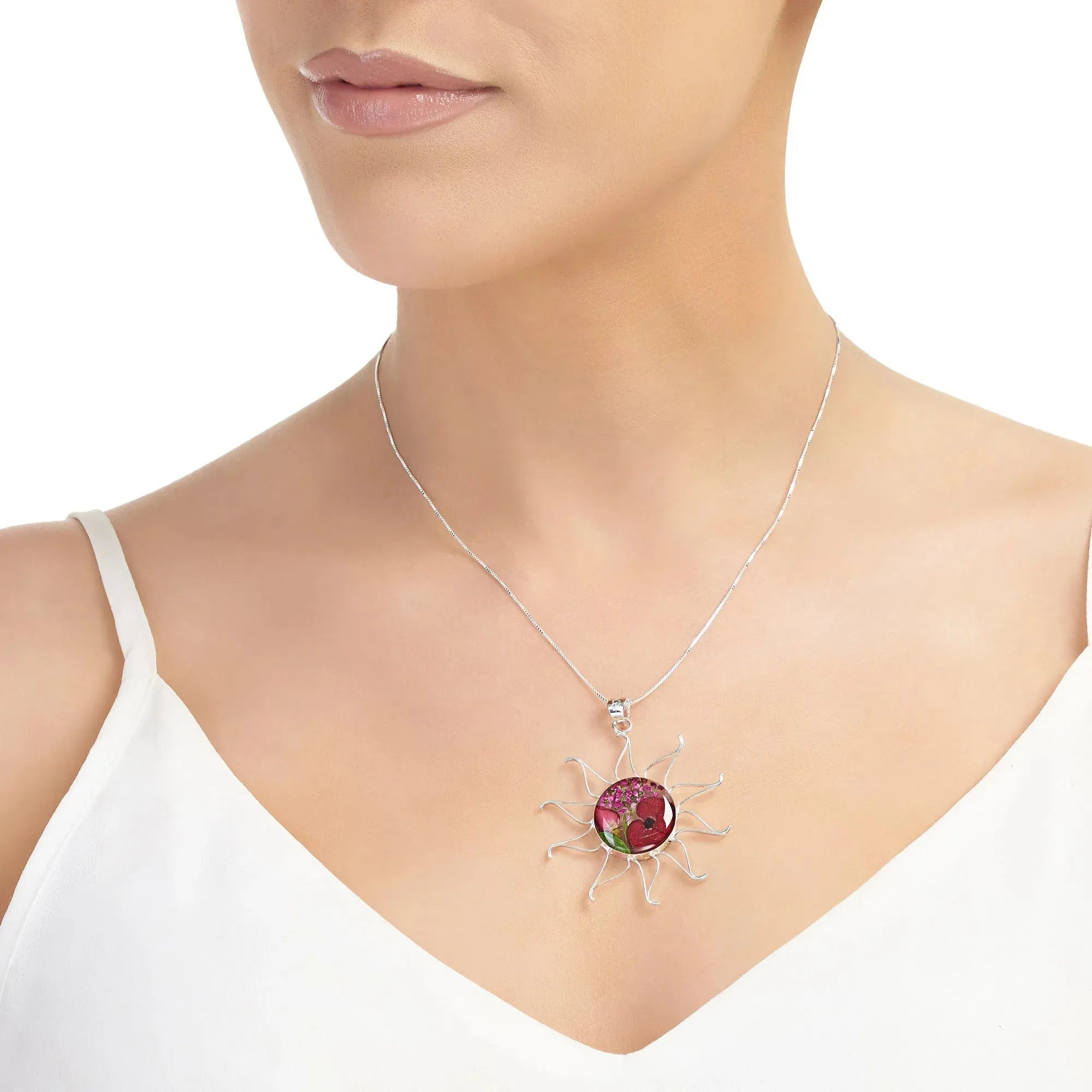 Collier soleil fait main avec de vraies fleurs par Shrieking Violet - Coquelicot & Rose