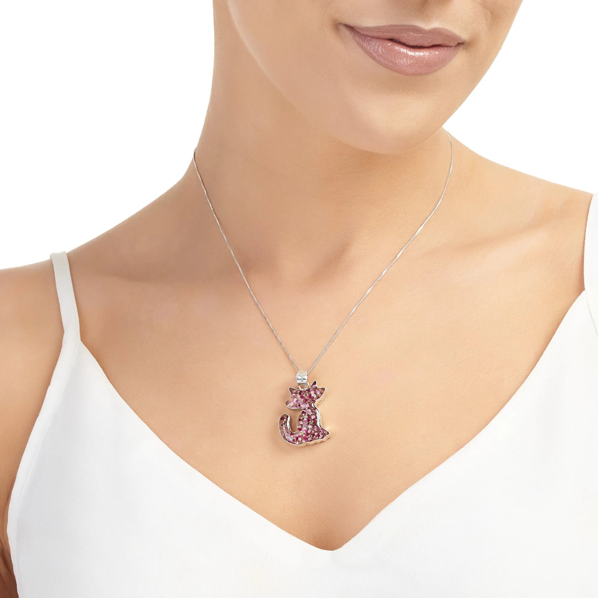 Collier pendentif chat avec de vraies fleurs roses – argent sterling