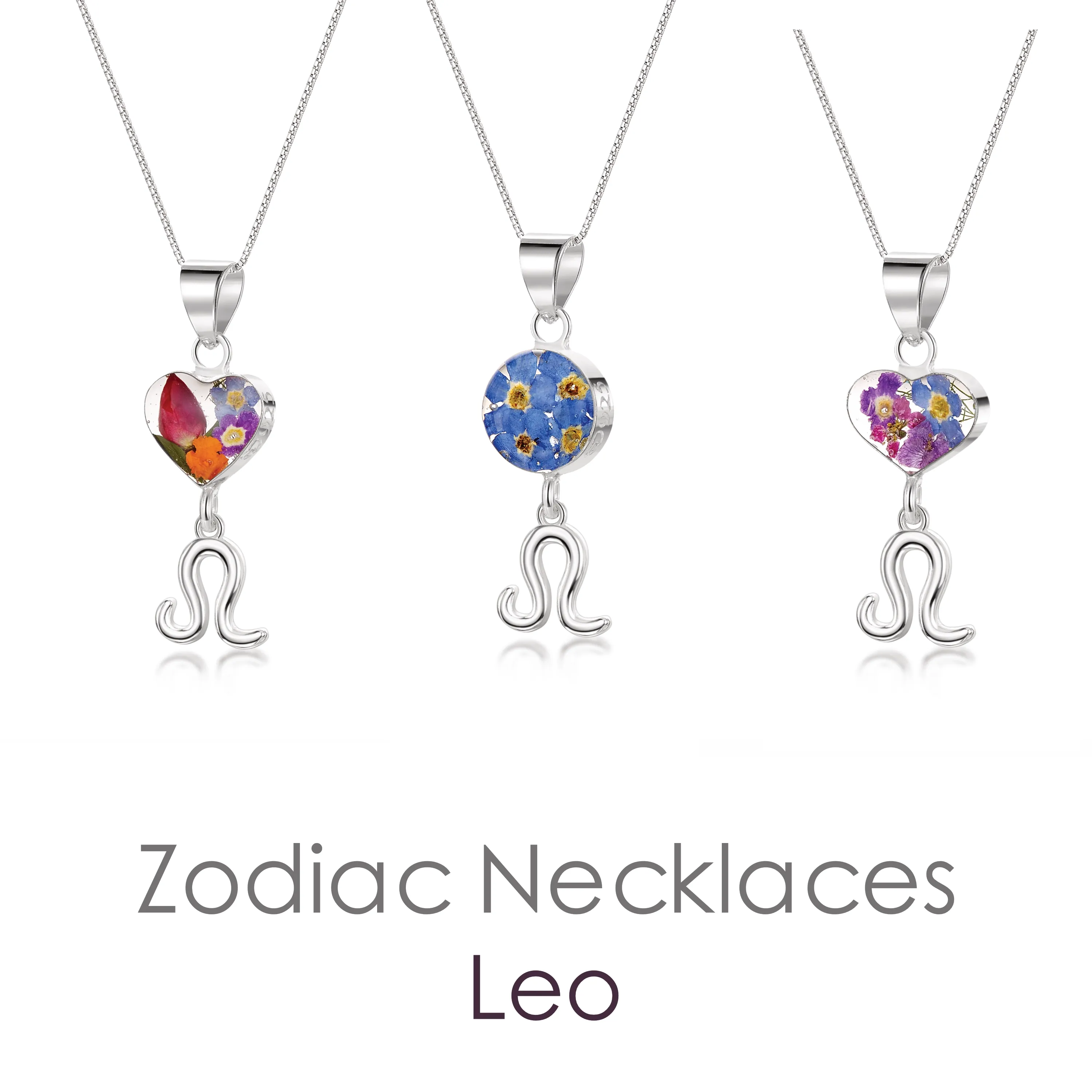 Collier Leo - Pendentif en argent sterling avec de vraies fleurs et un charme du zodiaque. Plus d'options...