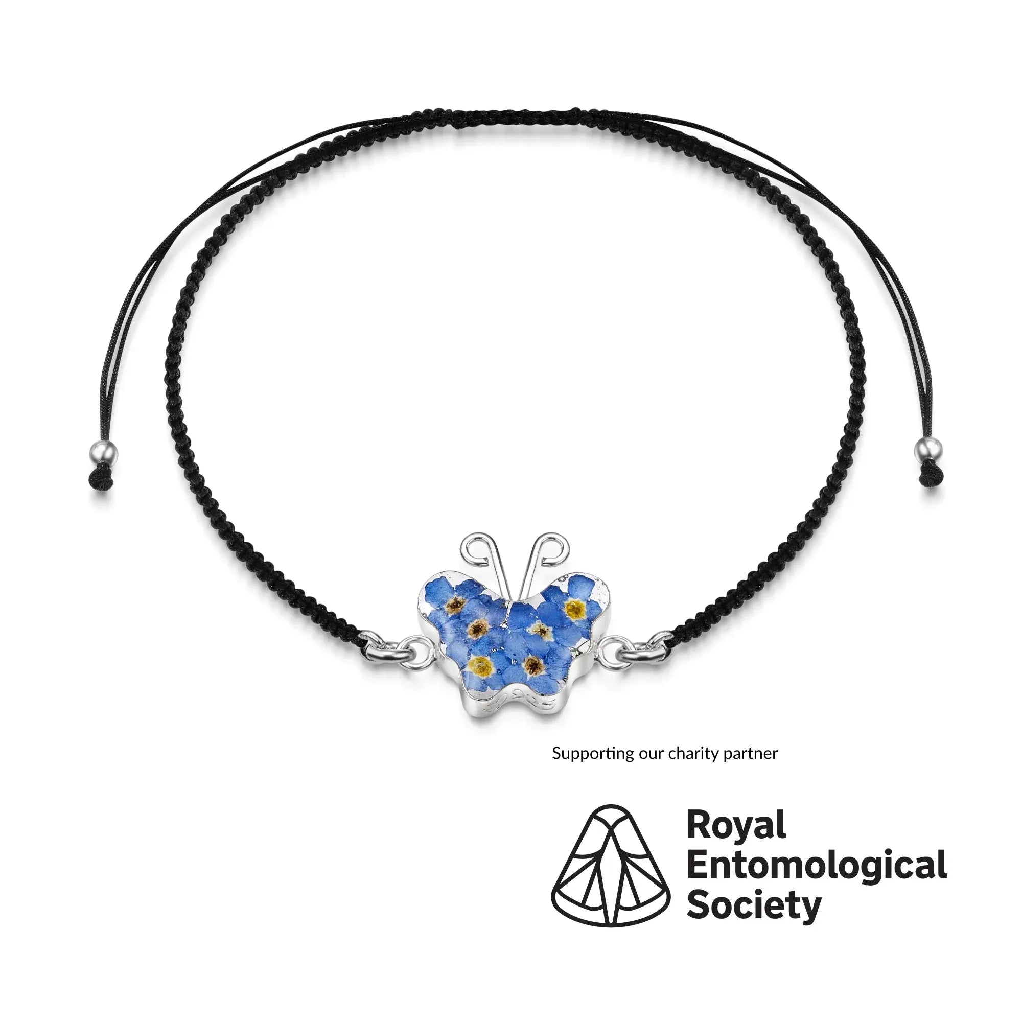 Sterling Silver black woven bracelet with flower charm - Forget-me-not - Butterfly