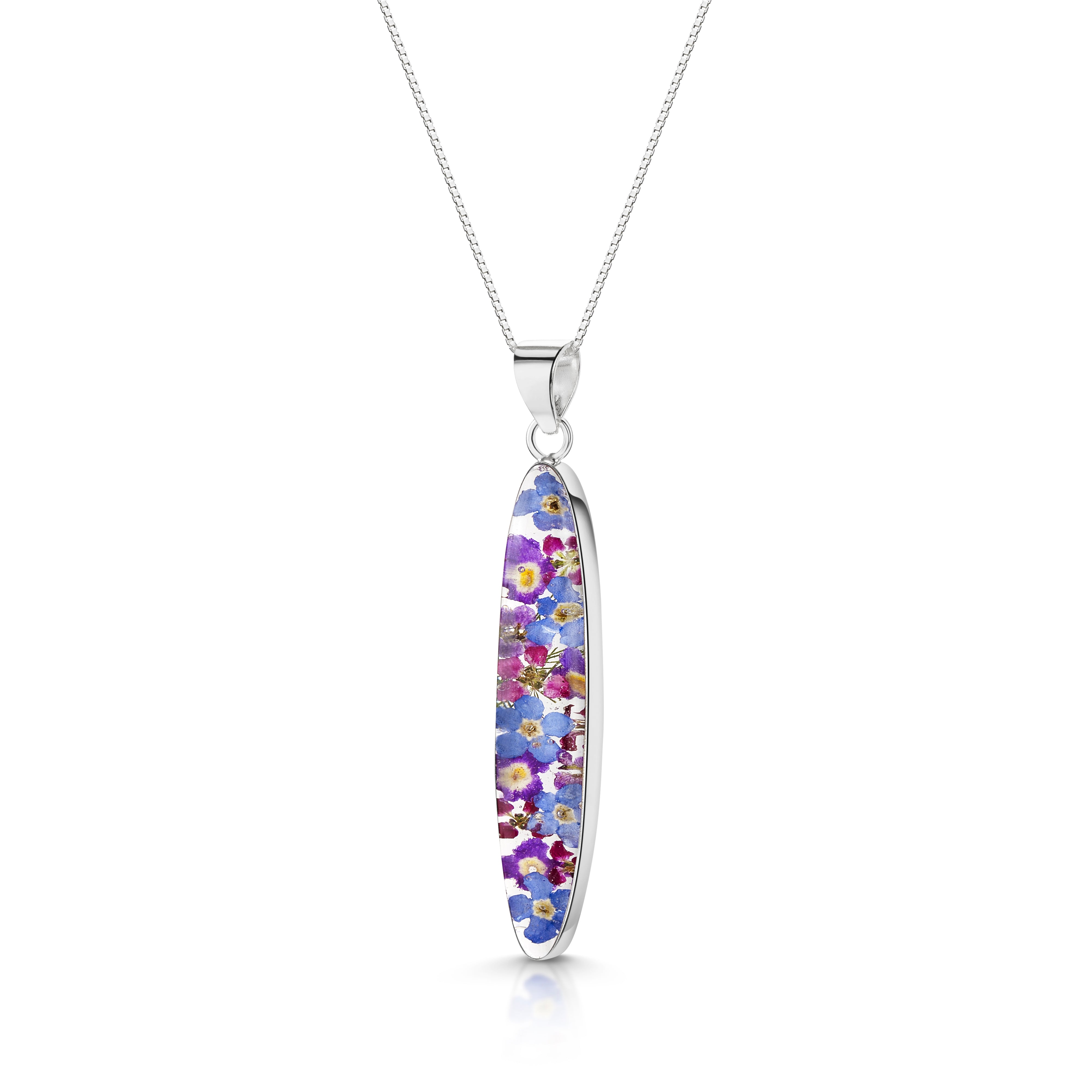 Pendentif ovale long Purple Haze avec de vraies fleurs en argent sterling
