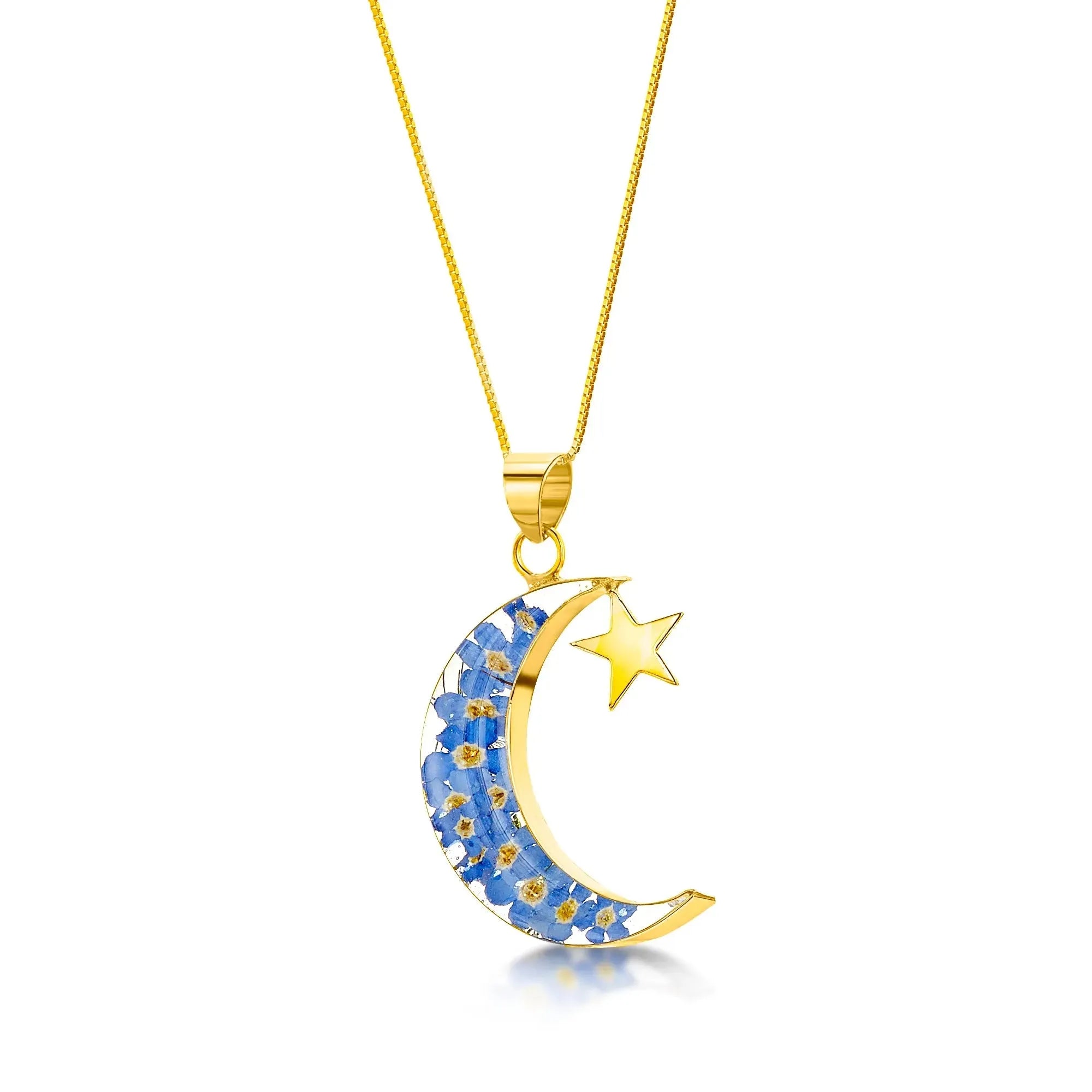 Collier lune et étoile - Pendentif en argent sterling avec de véritables myosotis