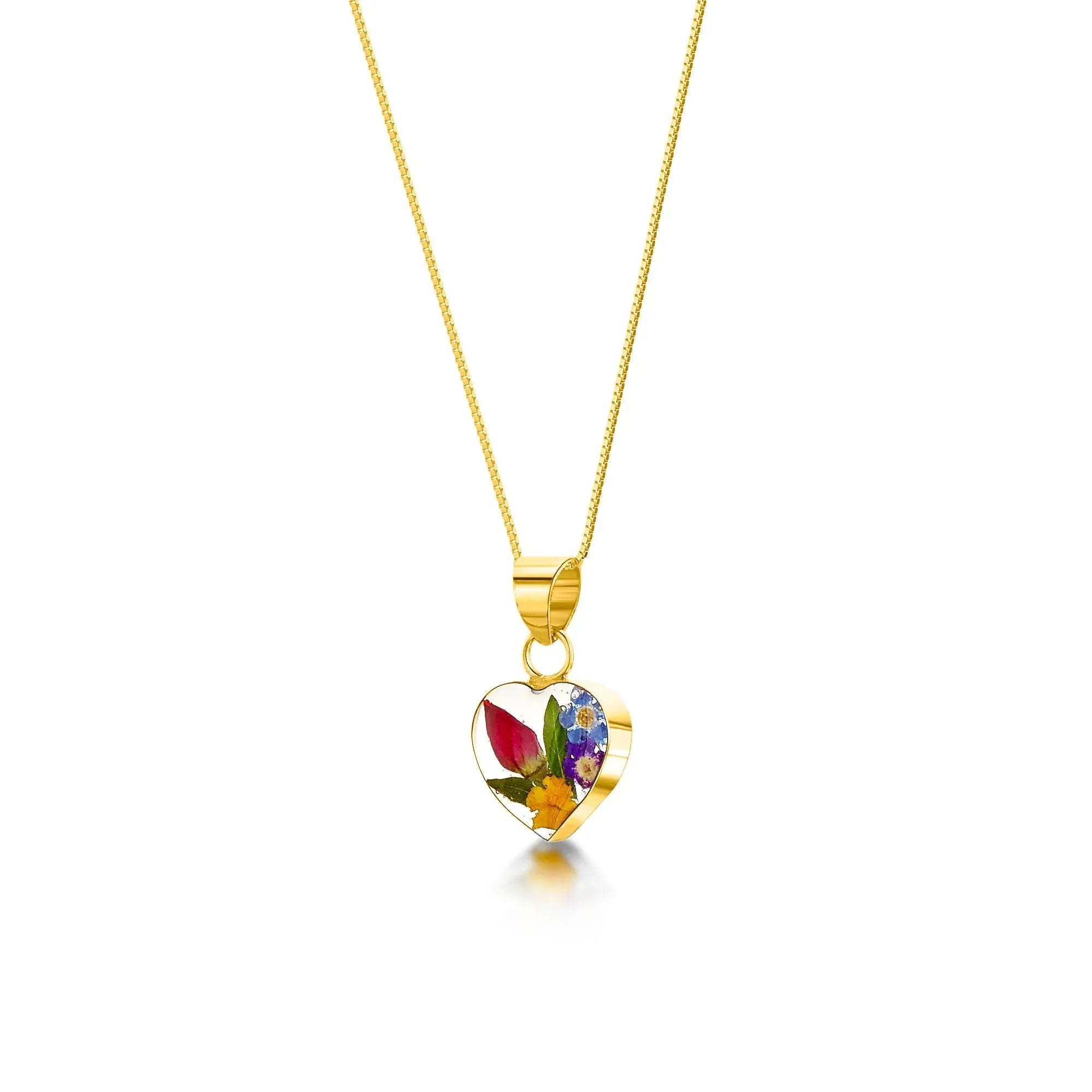 Collier pendentif petit cœur en argent sterling avec de vraies fleurs mélangées