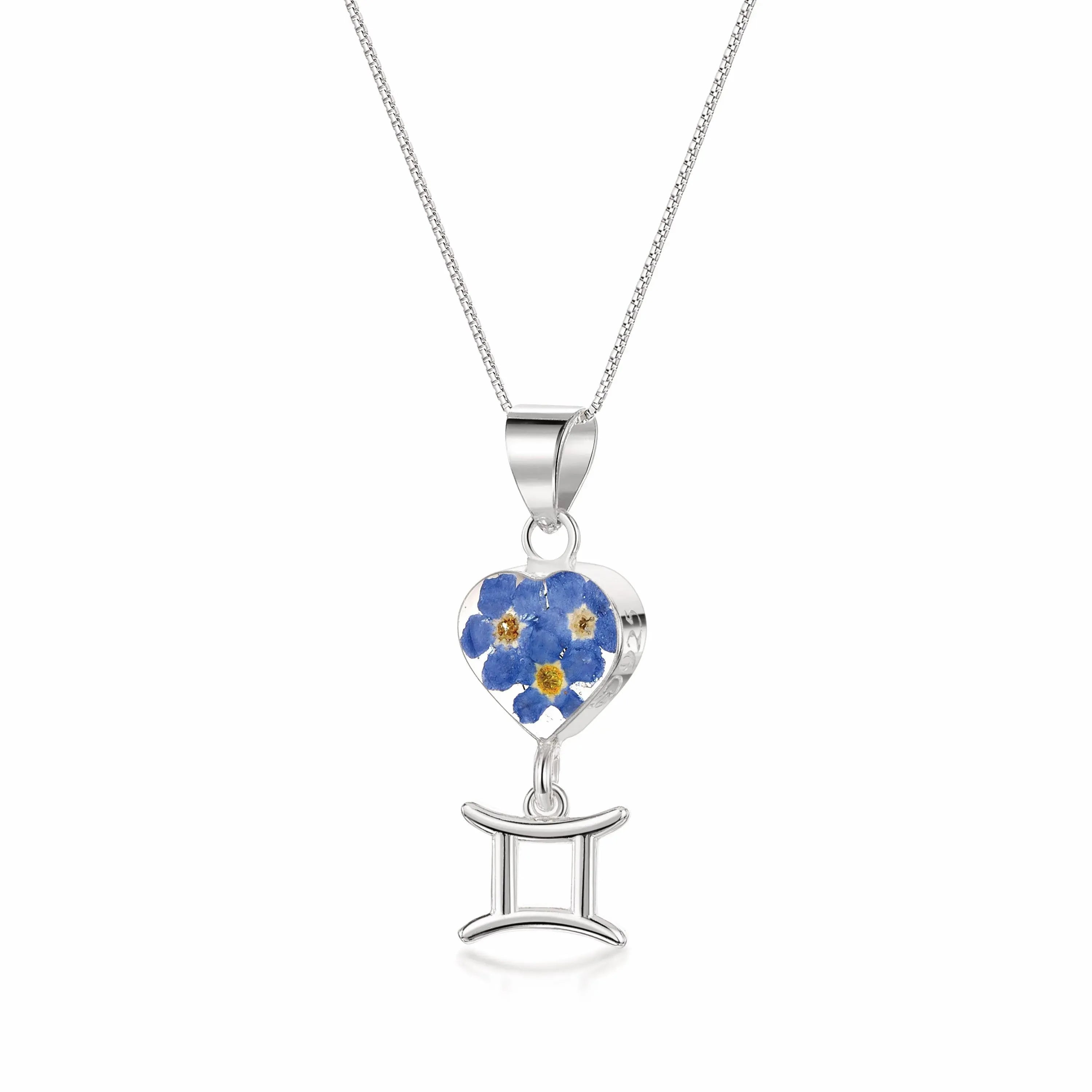 Gemini Necklace - Sterling silver pendant with real flowers & a zodiac charm. More Options...