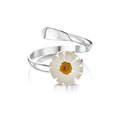 Bague réglable en argent sterling avec fleur de marguerite | Fleurs véritables faites à la main