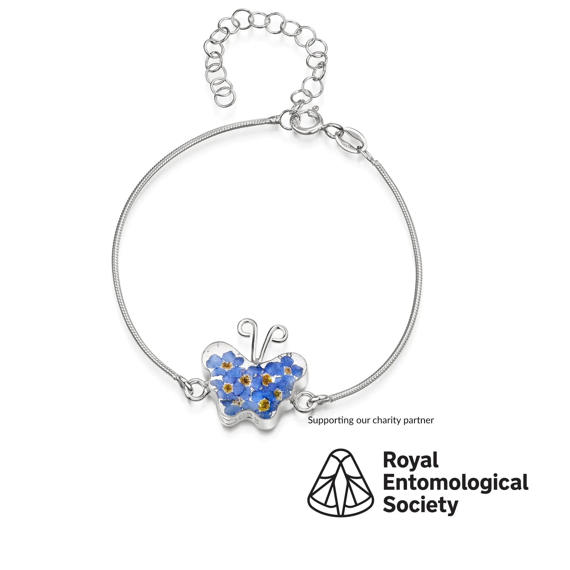 Sterling silver snake bracelet with flower charm - Forget-me-not - Butterfly