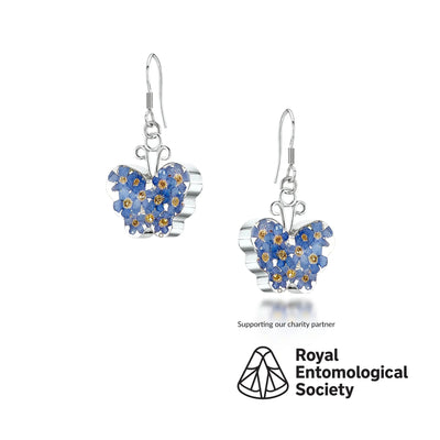 Boucles d'oreilles papillon par Shrieking Violet® Boucles d'oreilles pendantes en argent sterling avec de véritables fleurs de myosotis. Bijoux idéaux pour les amateurs de papillons