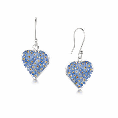 Forget-Me-Not Heart Drop Earrings in Sterling Silver – Handmade with Real Flowers