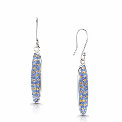 Boucles d'oreilles pendantes Myosotis en argent sterling – Fait main avec de vraies fleurs