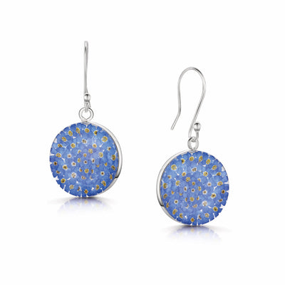 Forget-Me-Not Round Drop Earrings in Sterling Silver – Handmade with Real Flowers