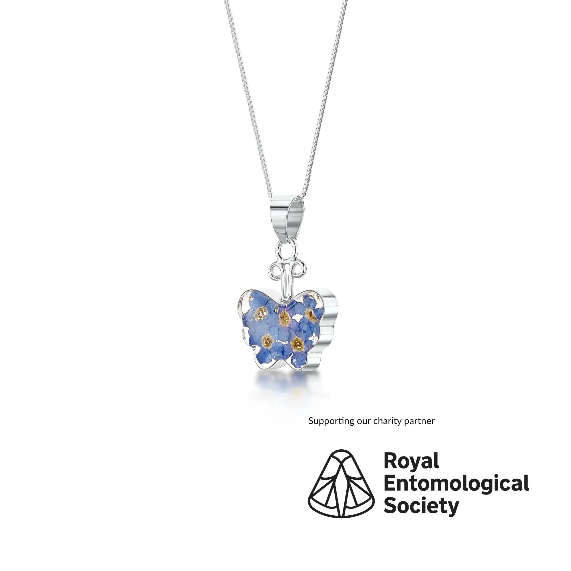 Collier pendentif en argent sterling papillon myosotis - breloque fleur réelle
