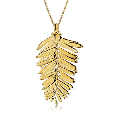 Collier pendentif en feuille de séquoia véritable plaqué or
