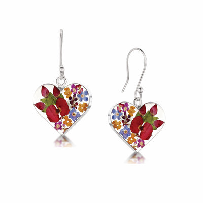 Boucles d'oreilles pendantes cœur fleurs mélangées en argent sterling – Fait main avec de vraies fleurs