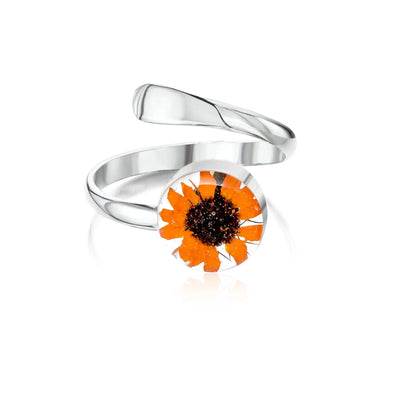 Bijoux tournesol par Shrieking Violet® Bague réglable en argent sterling avec une vraie fleur. Cadeau idéal pour une amie spéciale, maman, épouse
