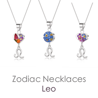 Collier Leo - Pendentif en argent sterling avec de vraies fleurs et un charme du zodiaque. Plus d'options...