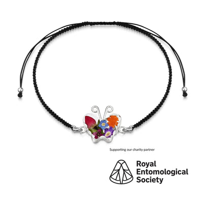 Bracelet tressé noir fleurs mélangées papillon - Argent