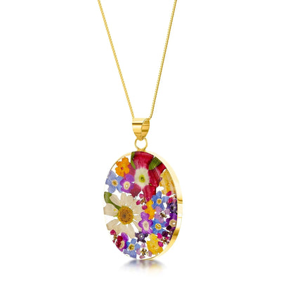 Collier pendentif ovale large fleurs mixtes