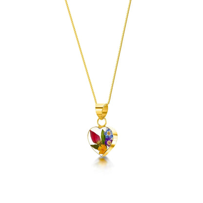 Sterling Silver Small Heart Pendant Necklace with Real Mixed Flowers