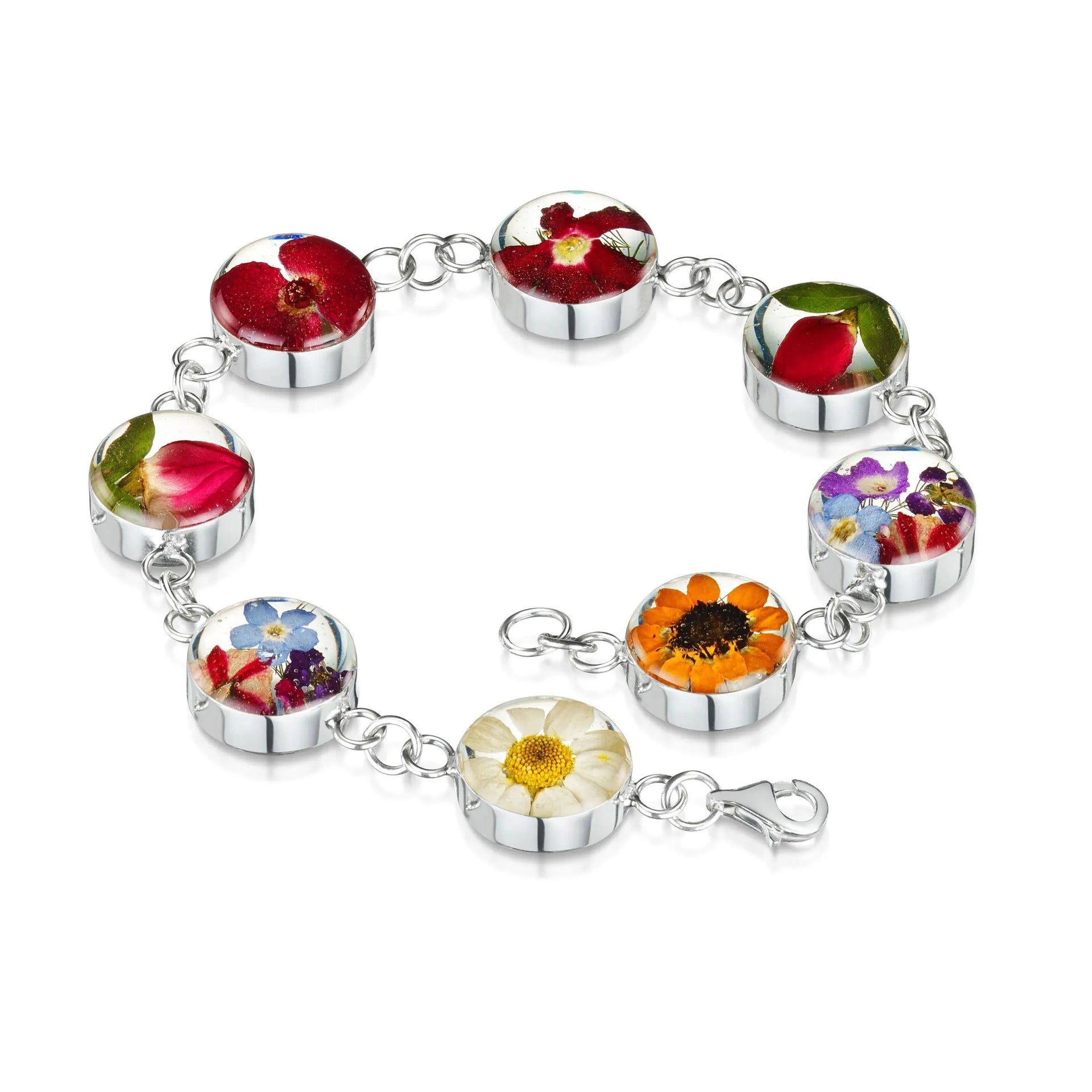 Bracelet Rigide En Argent Massif Avec Fleurs Naturelles Sous Résine - Occasion TBE