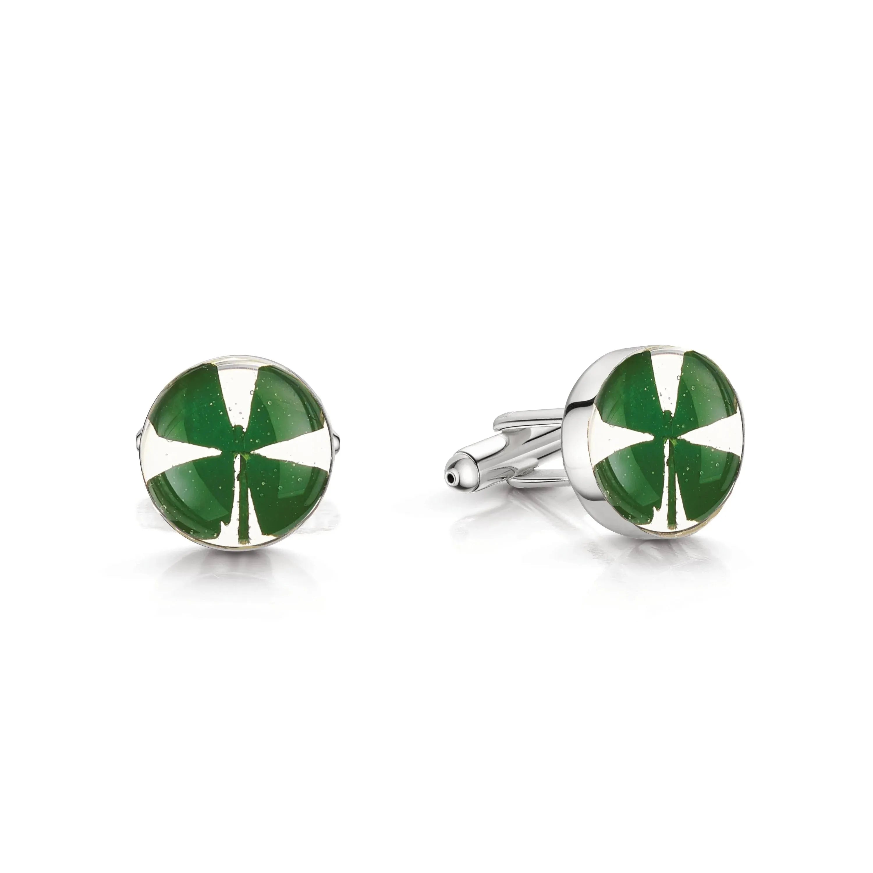 Quatre Trèfle Boutons De Manchette Argent Sterling - Trèfle Noir Vert Pour Smoking Et Mariage