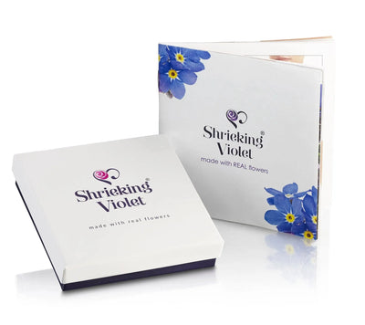 Real flower jewellery by Shrieking Violet® Sterling silver rectangle pendant necklace with real flowers including miniature rose & forget-me-nots.