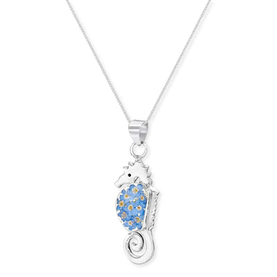 Seahorse necklace by Shrieking Violet® Sterling silver pendant with real forget-me-nots. Ideal gift for diver or maritime lover.