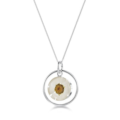 Silver Pendant - Daisy White - with Silver Round Surround