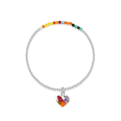 Sterling silver elasticated beaded bracelet - Mixed agate stone - Mixed flower - Heart